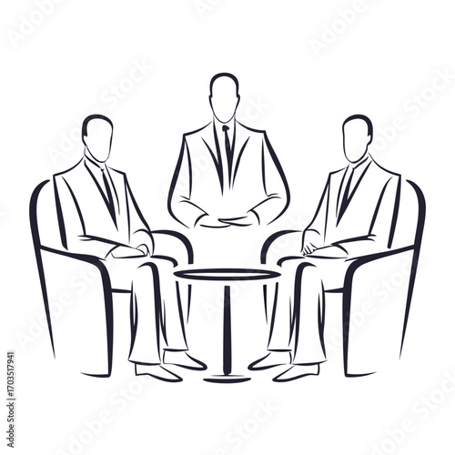 Line men silhouettes in suits sit around table and negotiate agreement together