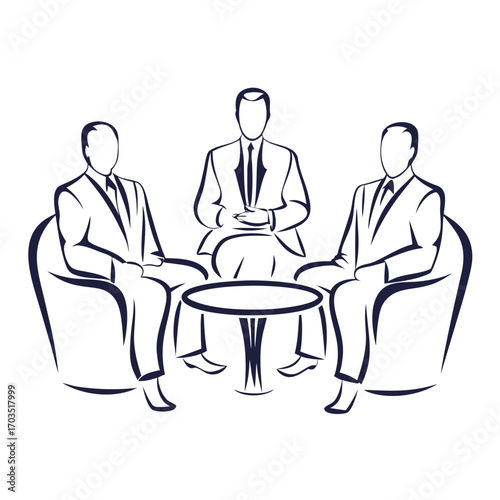 Three faceless businessmen are engaged in round table discussions with sophisticated line artwork
