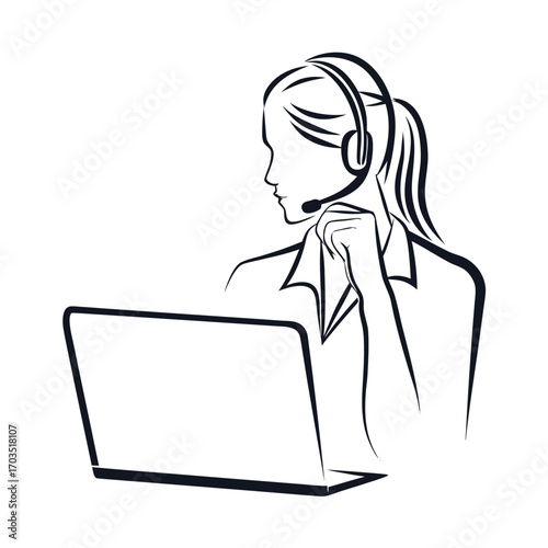 Linear sketch shows a young woman using a laptop with her headset on