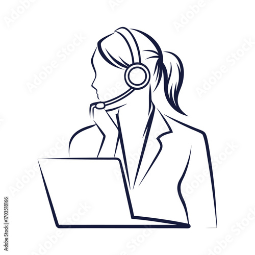 Outlined woman with headset leans thoughtfully while using a laptop for support