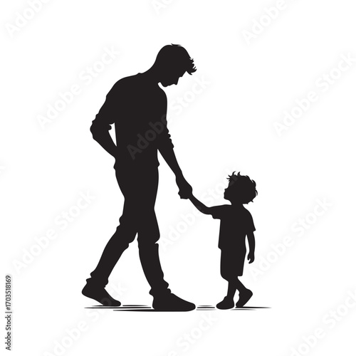 Silhouette of father and son holding hands, family love and relationship vector illustration