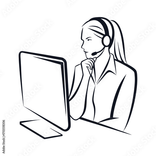 Contemplative woman with headset gazes thoughtfully at computer screen in black and white