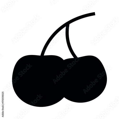 Black silhouette of two cherries on a stem isolated on white background