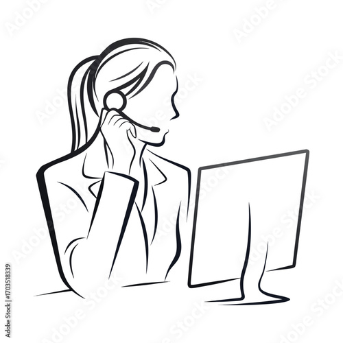 Woman with headset at computer looks right with a business jacket line art