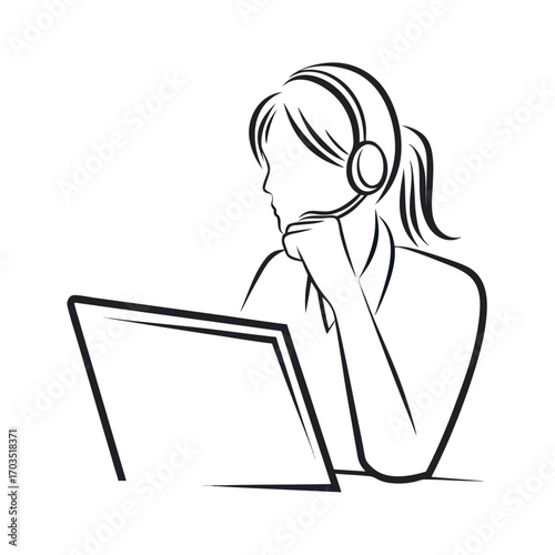 Silhouetted young woman with headphones rests chin on hand looking at laptop