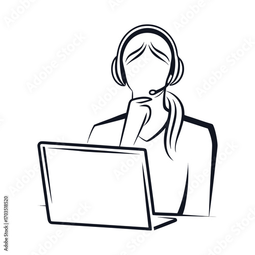 Faceless young woman with headset using laptop and touching chin, looking pensive