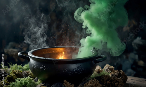 Halloween Illustration Witch's Cauldron Bubbling Green Smoke