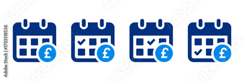 Payment schedule icon with calendar and pound sign. Perfect for payday, salary date, billing reminder, due date, and financial planning in the UK. Flat style vector illustration.