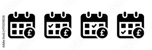 Payment schedule icon with calendar and pound sign. Perfect for payday, salary date, billing reminder, due date, and financial planning in the UK. Solid style vector illustration.