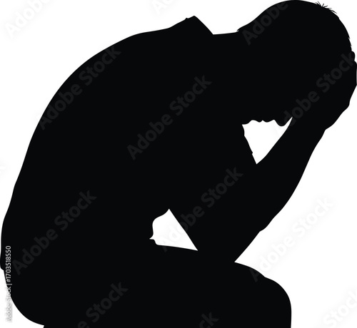 Silhouette of a Man Sitting with Head in Hands Depicting Stress, Depression, Anxiety, Mental Health Issues, and Emotional Struggle