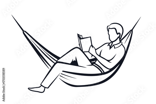 Man is relaxing on a hammock while peacefully reading a book on white