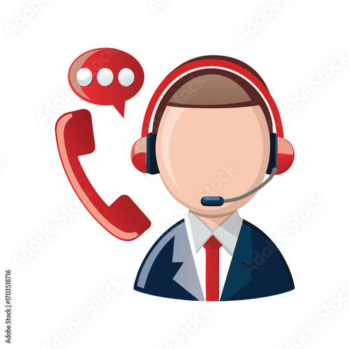 Faceless icon of person wearing headset with phone receiver and chat bubble