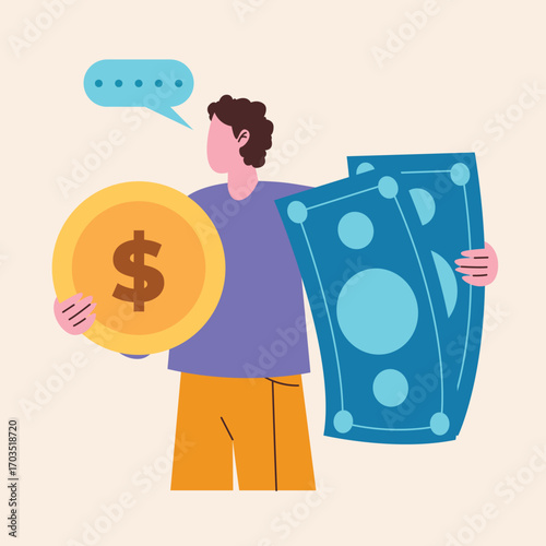 Vector illustration of a person talking about financial success, holding cash bills and a large dollar coin