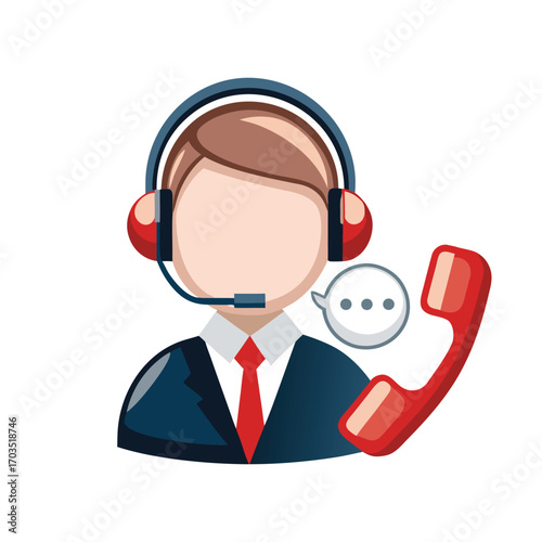 Faceless operator wearing headset speaks near telephone and speech bubble for assistance needs