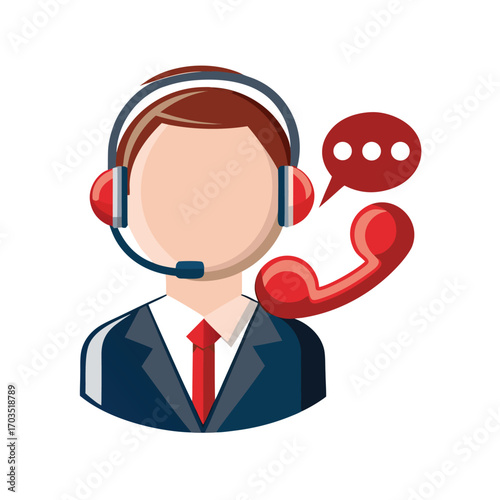 Faceless male wearing a suit and headset with a call symbol near him