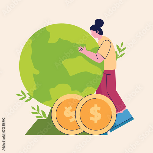 Sustainable finance concept with a person embracing the Earth next to coins, representing green investments for a better future