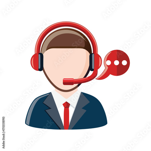 Faceless man with headset and speech bubble in a professional setting offers assistance