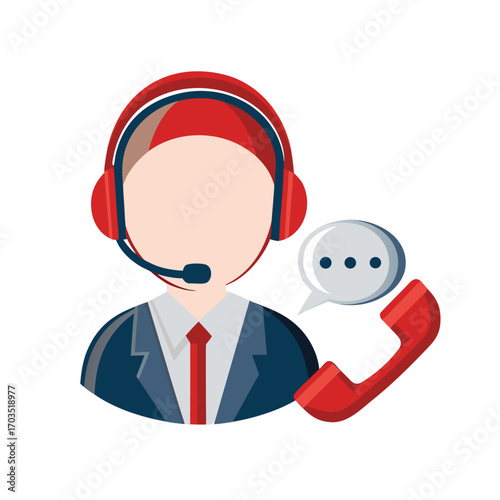 Faceless operator wears headset while holding phone receiver with message bubble near him