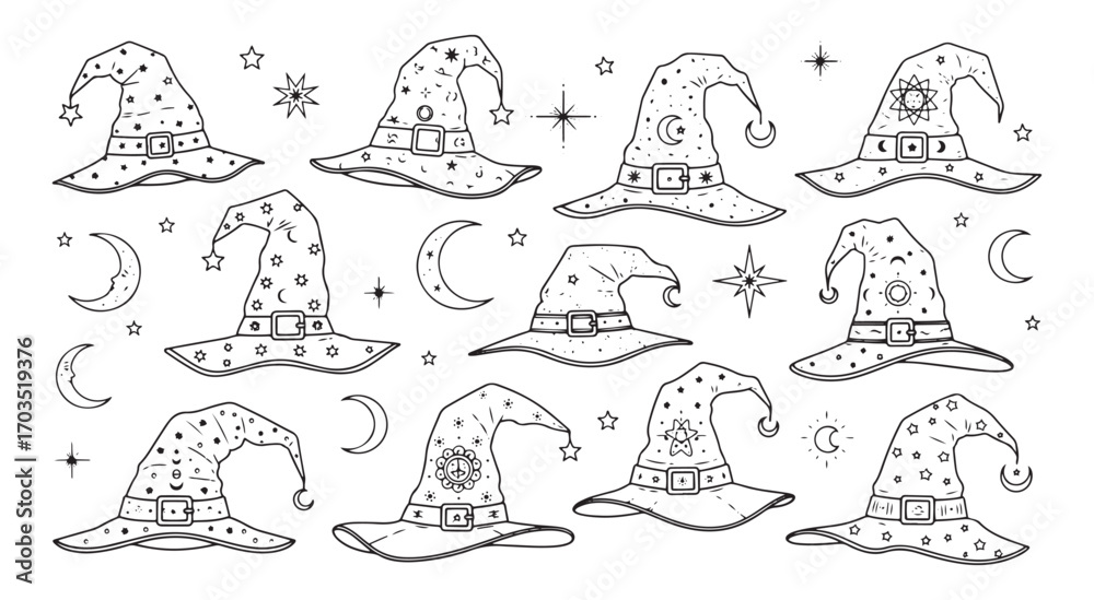 Naklejka premium Halloween Witch Hat Pattern with Stars and Crescent Moon Line Art Vector