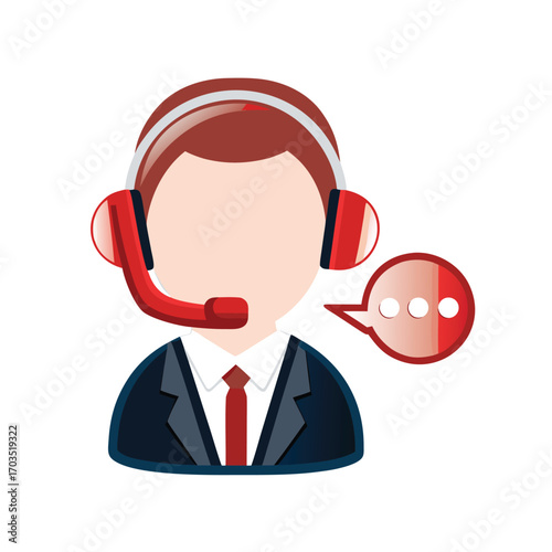 Faceless worker wearing headset and business suit displays a red chat bubble symbol nearby