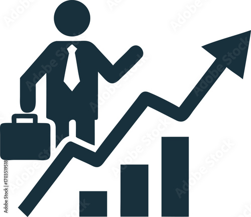 Business person with briefcase presents growth with rising graph illustration showing success