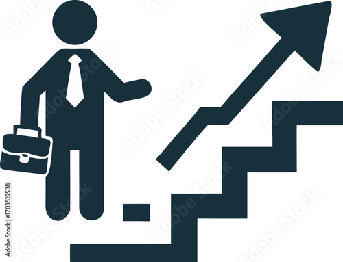 Silhouette figure climbs steps with a briefcase toward arrow representing upward trajectory on a white backdrop