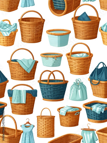 Wicker laundry baskets. Cartoon hamper messy fabric or dirty clothes, rattan wood bamboo basket weaving straw trendy hampers home interior, empty container neat vector illustration