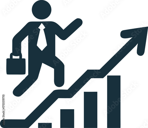 Businessman with briefcase icon strives up an increasing chart towards an arrow symbol