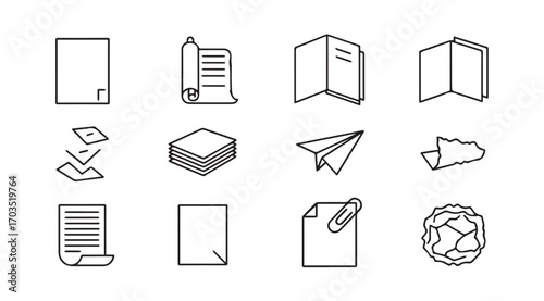 Collection of paper and document icons in a simple outline silhouette