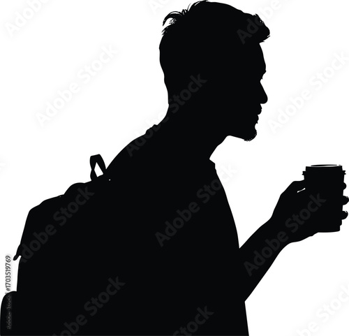 Silhouette of a young man with backpack holding a coffee cup, casual lifestyle, urban traveler, morning routine, street style illustration.