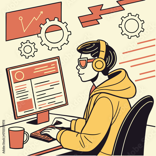 Young person with headphones typing on keyboard beside computer with gears and growth chart