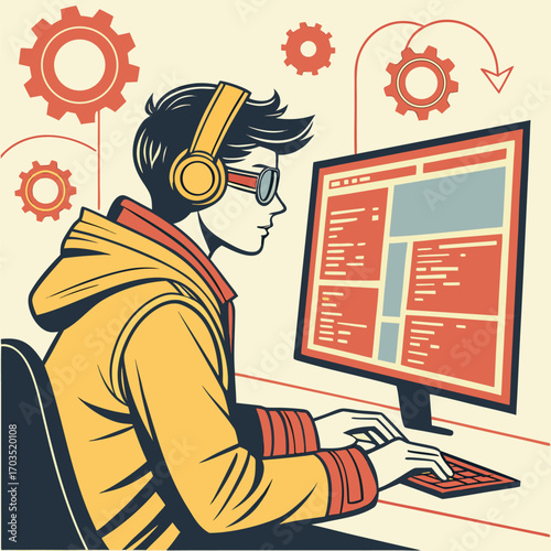 Young Asian coder with headphones types on keyboard while looking at code display
