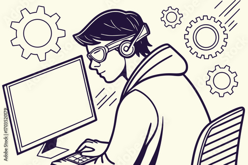 Line art shows a man wearing headphones typing at a computer among gears