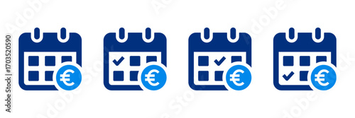 Payment schedule icon with calendar and euro sign. Useful for salary date, payday, billing reminder, due date, and financial planning across Europe. Flat style vector illustration.