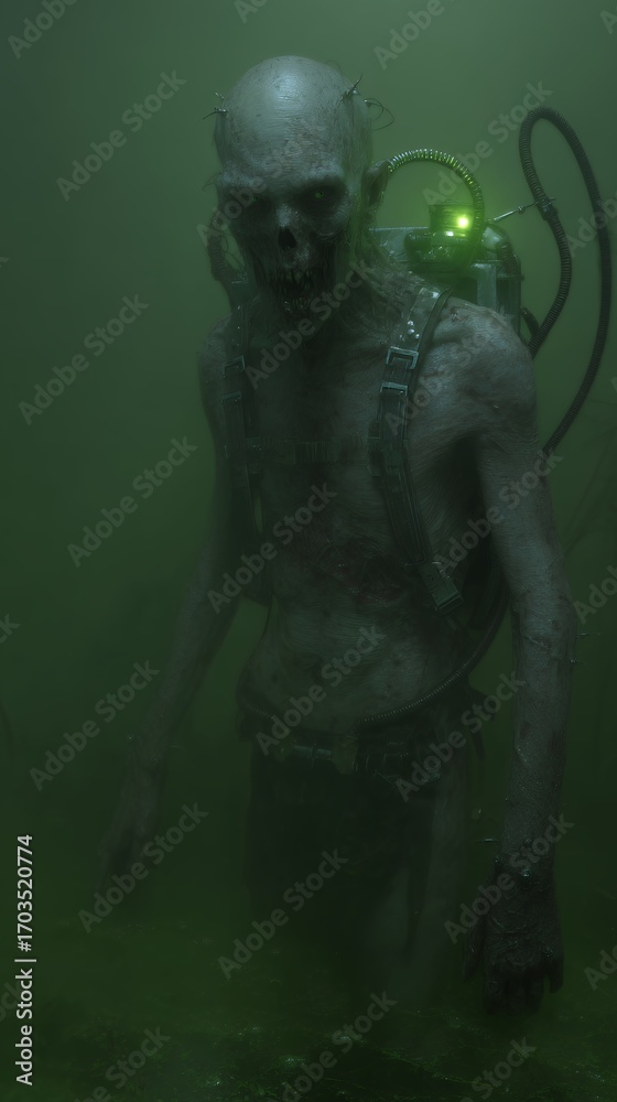 Fototapeta premium man submerged in green liquid with breathing apparatus