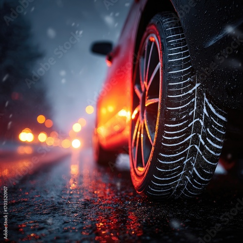 Snowy, rainy night driving.  Car tire close-up