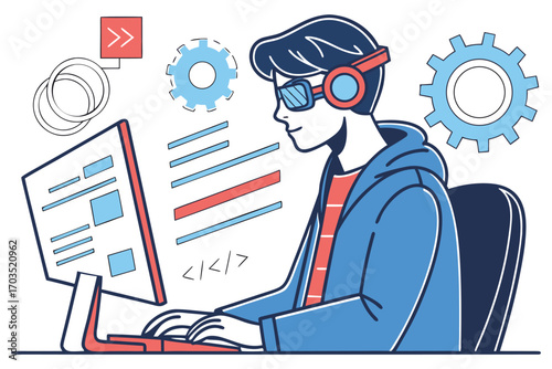 Man with headset codes on computer, illustrated with gears and floating data elements