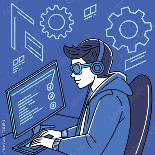Focused programmer wearing headphones works on a computer with abstract elements in background