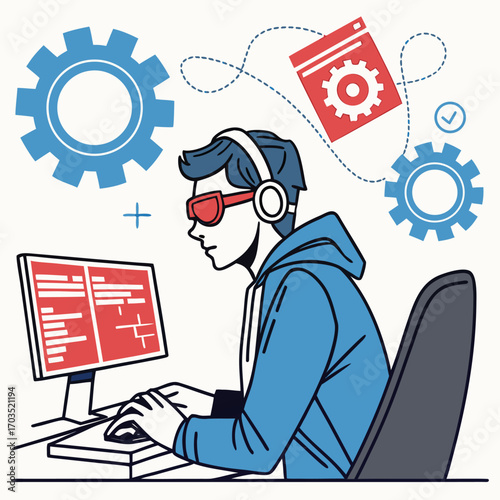 Young man with headphones and red glasses types at a computer surrounded by gears