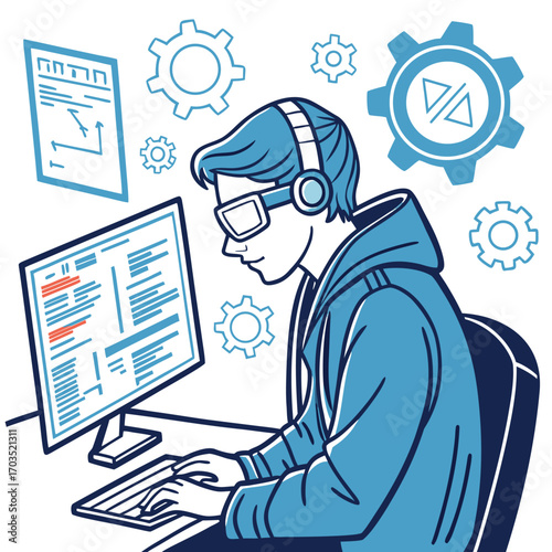 Man wearing glasses and headphones types at computer surrounded by gears and schematics