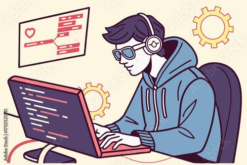 Focused young man with glasses and headphones coding on laptop diligently