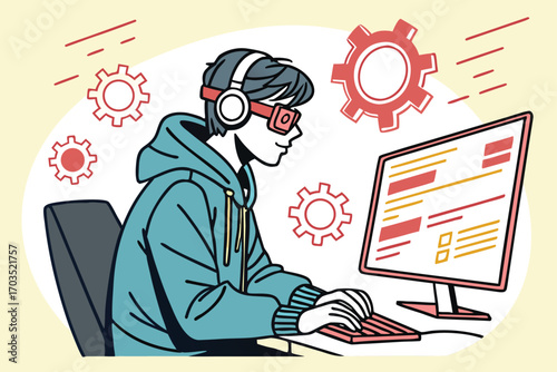 Person with headphones and glasses is typing in front of the computer screen