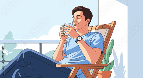 A tranquil scene of a young man enjoying his morning coffee, relaxing in a lounge chair on a sun-drenched balcony