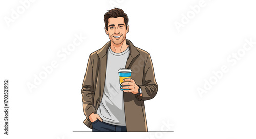 Smiling young man in a casual jacket holding a takeaway coffee cup, isolated vector character illustration