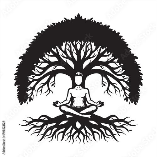 Meditating figure underneath a stylized tree of life silhouette symbolizing harmony and growth