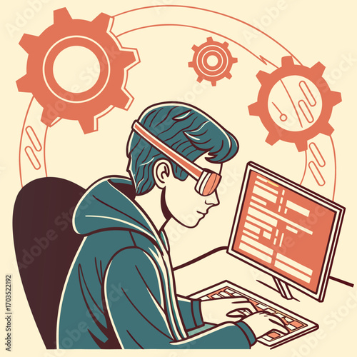 Focused guy with stylish glasses interacts with the computer amidst mechanical cog imagery