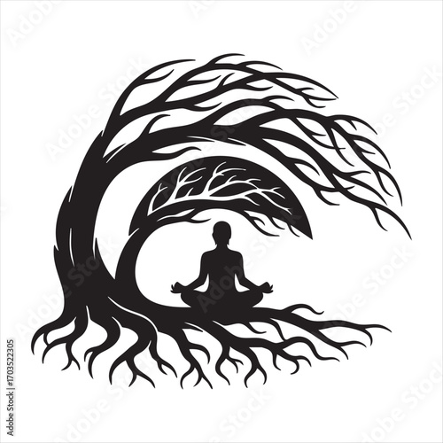Silhouette of person meditating underneath a stylized tree with intricate roots symbolizing growth