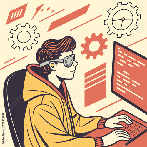 Man wearing glasses sits before the computer and types among floating gears and lines