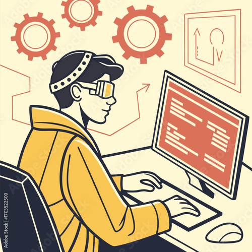 Jewish coder in glasses works using a computer under digital gears with efficiency