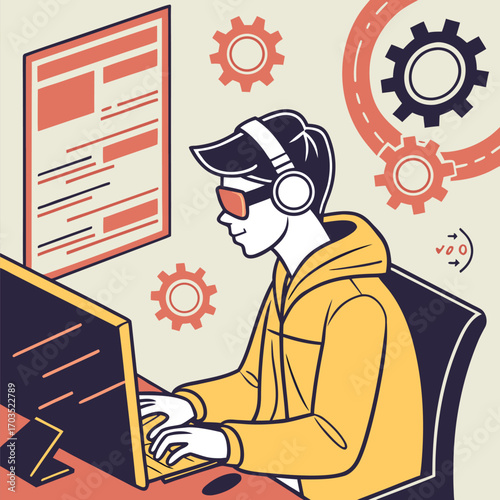 Young man in headphones wearing a yellow hoodie types on the computer near gears